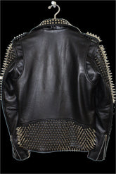 Dominant Spiked Leather Biker Jacket Steampunk Gothic Silver Studs & Brando Lapel Collar